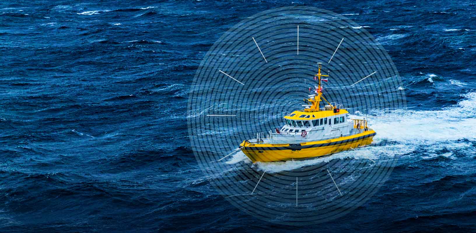 Ein gelbes Hafenschiff auf rauer参见，unterstützt von den Oceanix-Korrekturdatendiensten。