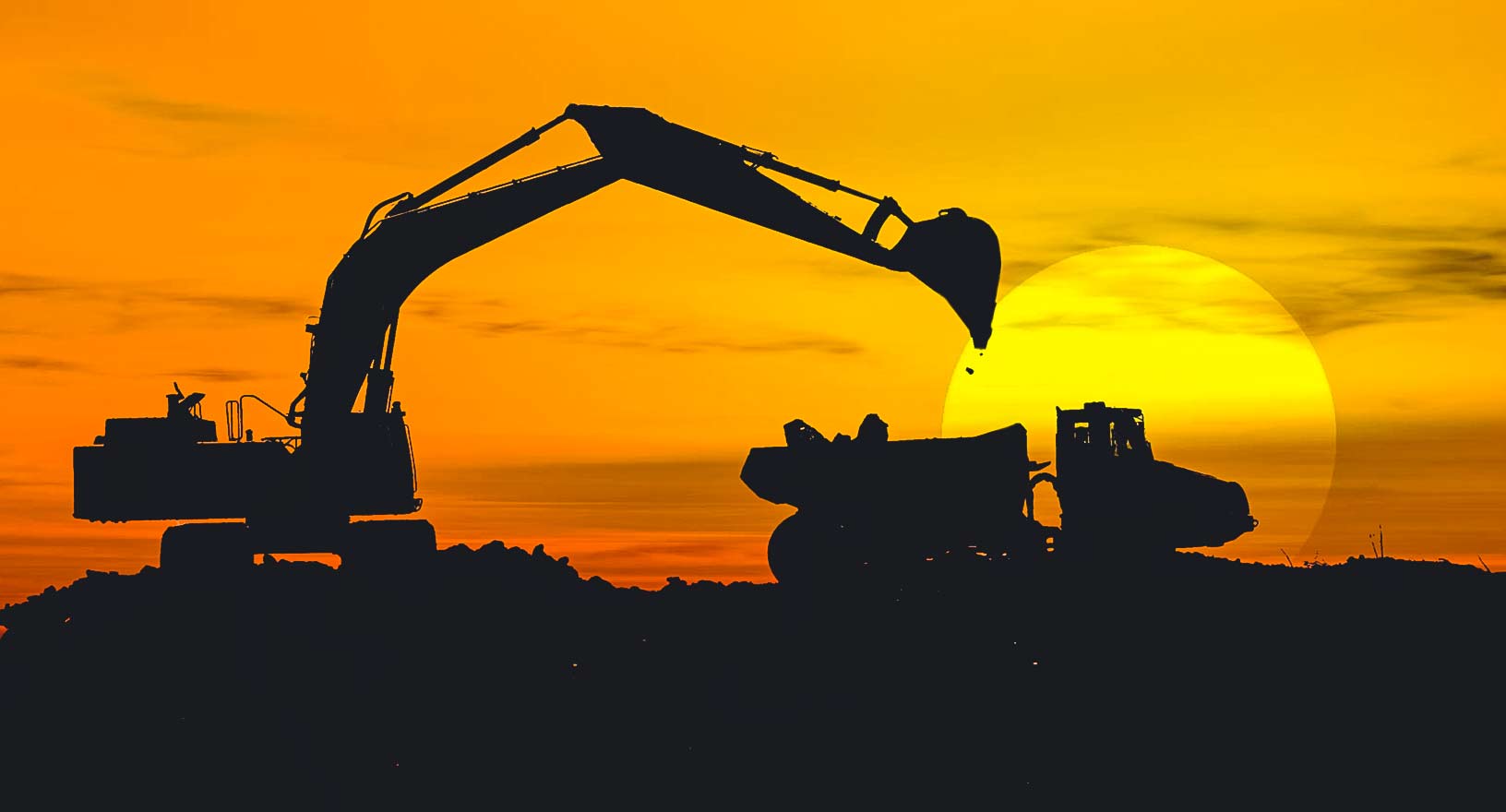 轮廓进行党,der杯Lastwagen贝Sonnenuntergang auf静脉Baustelle fullt